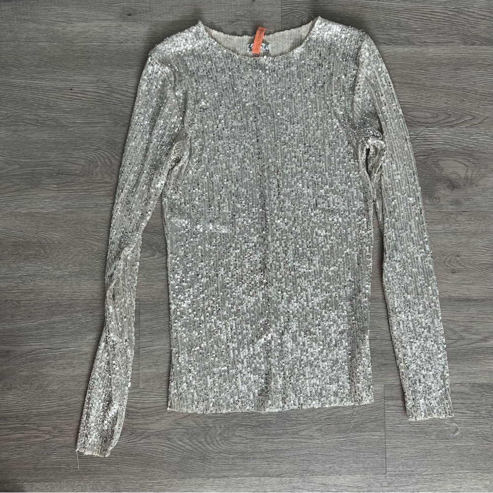 Free people silver Sequin Long Sleeve Top